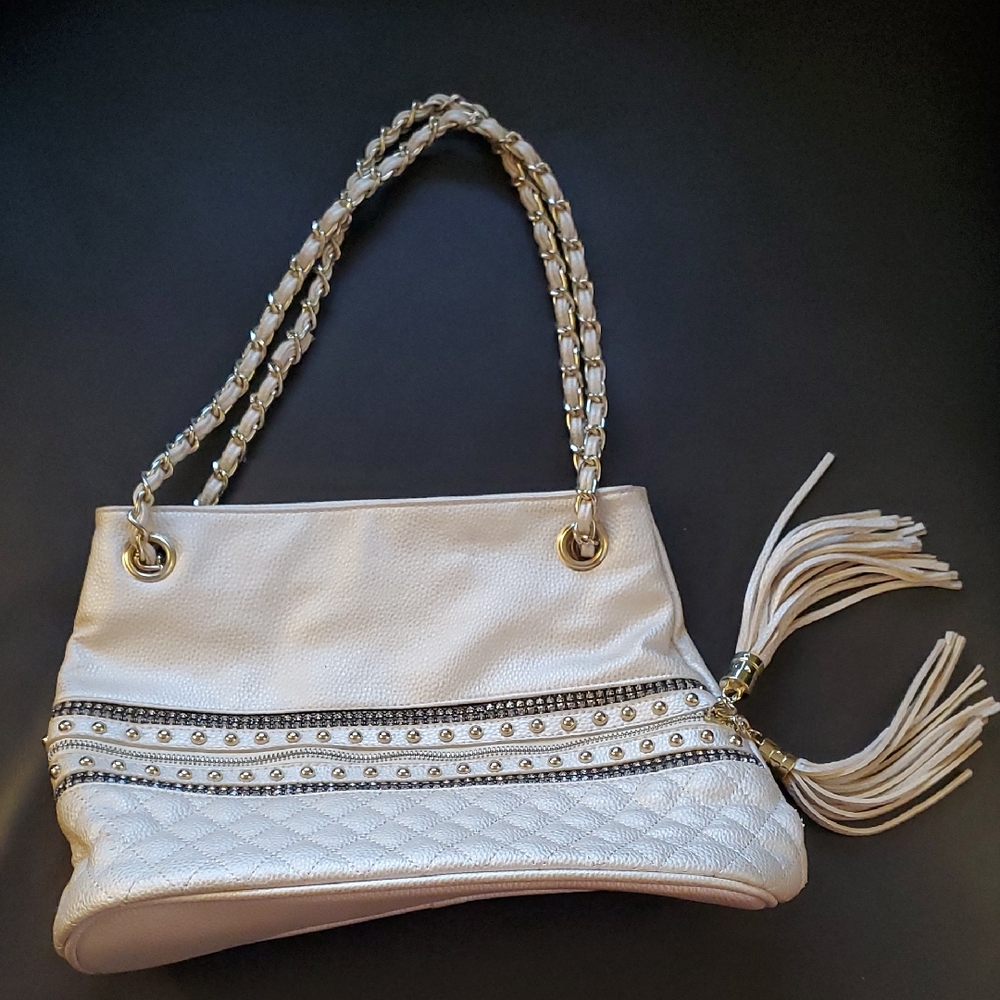 IMOSHION Cream Pearl Tote Bag Purse with Silver STUDDED Accents RHINESTONES